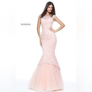 SHERRI HILL STYLE #51114 lace, tulle, embellished gown. Light pink